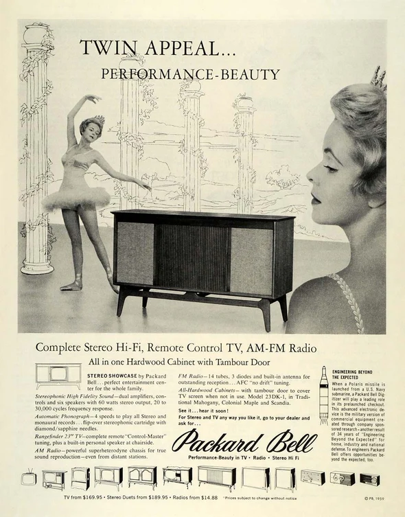 1959 Packard Bell advertisement for the Stereo Showcase: a hardwood cabinet with tambour door beside a ballerina and a profile portrait, listing stereo hi-fi, AM-FM radio and remote control television