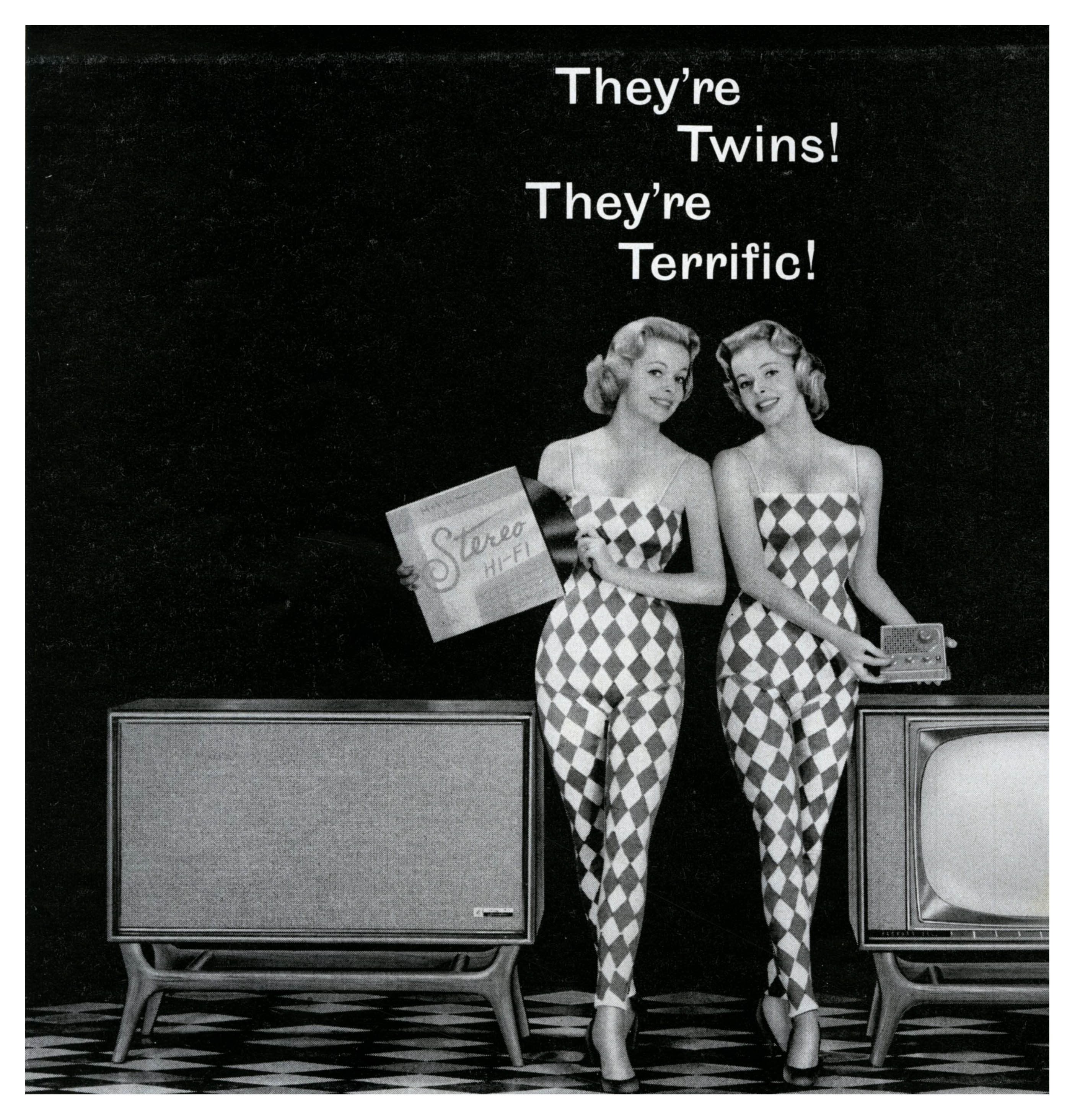 Period Packard Bell advertisement: two women beside matching stereo and television cabinets, headed They're Twins! They're Terrific!