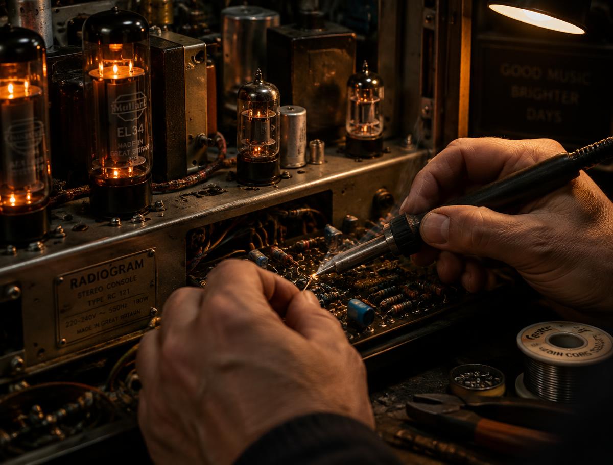 Hand soldering a restored amplifier board